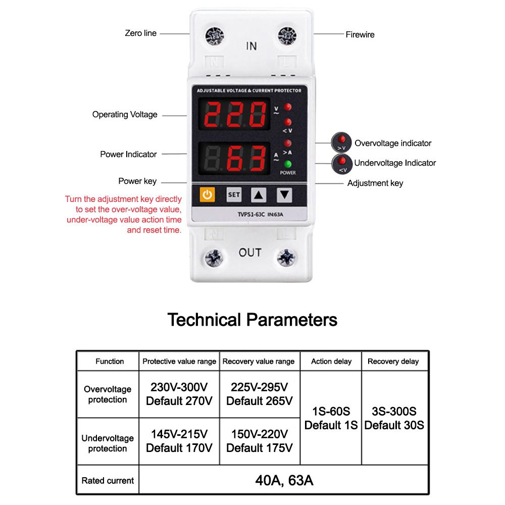 Din Rail Dual Display Adjustable Over Voltage Current And Under Voltage Protective Device Protector Relay 63A 80A 220V