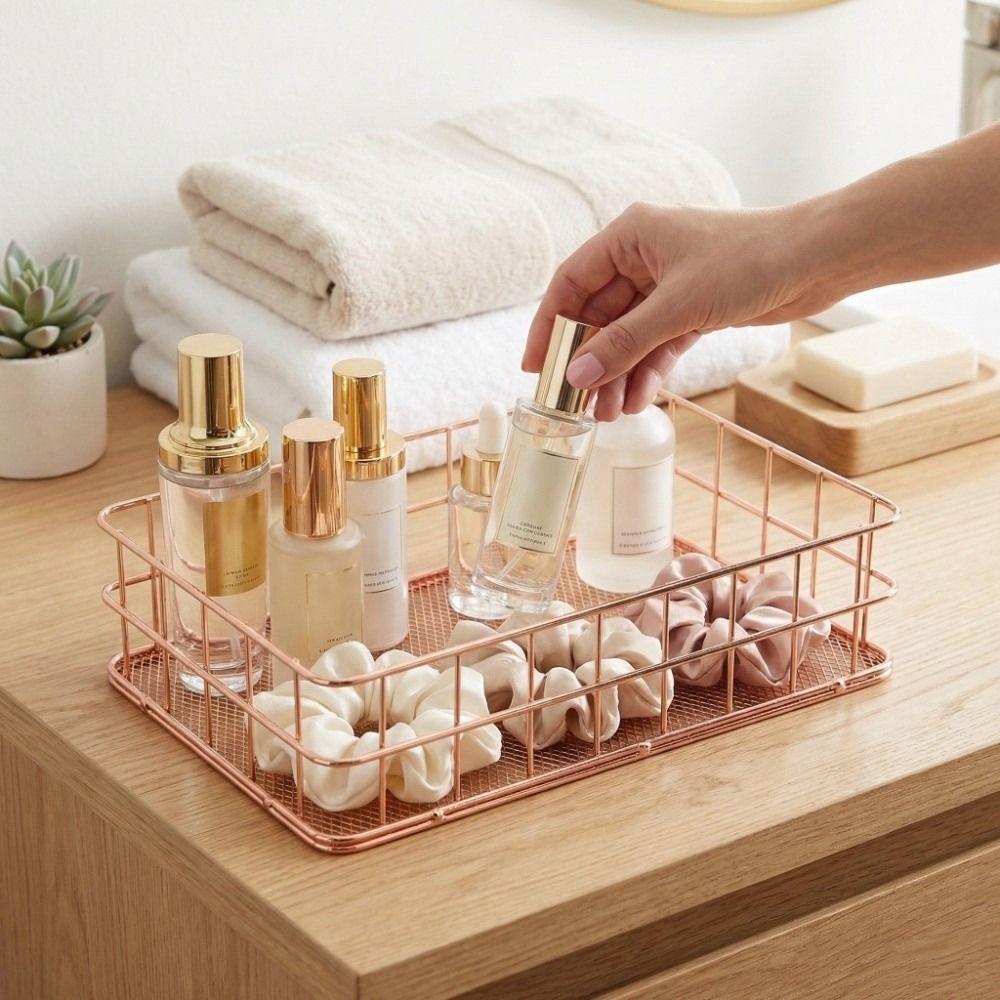 Iron Grid Wire Storage Basket Rose Gold Multipurpose Wire Storage Organizer 24.1× 16.2× 6.4cm Exquisite Metal Storage Organizer