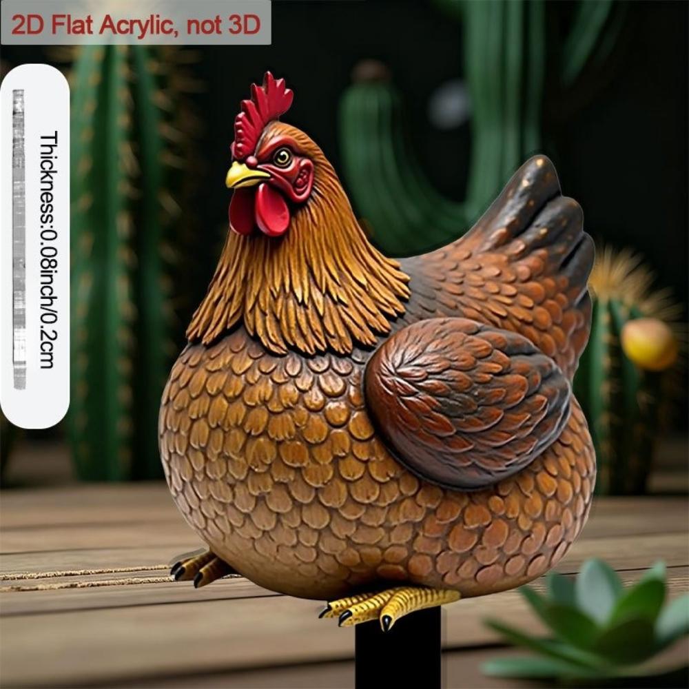 Scultura da Giardino Gallo Piatto 2D Marrone, Decorazione Pollo in Acrilico con Occhi ed Zampe Espressive, Ornamento Interno Esterno Per Fioriera Patio Balcone