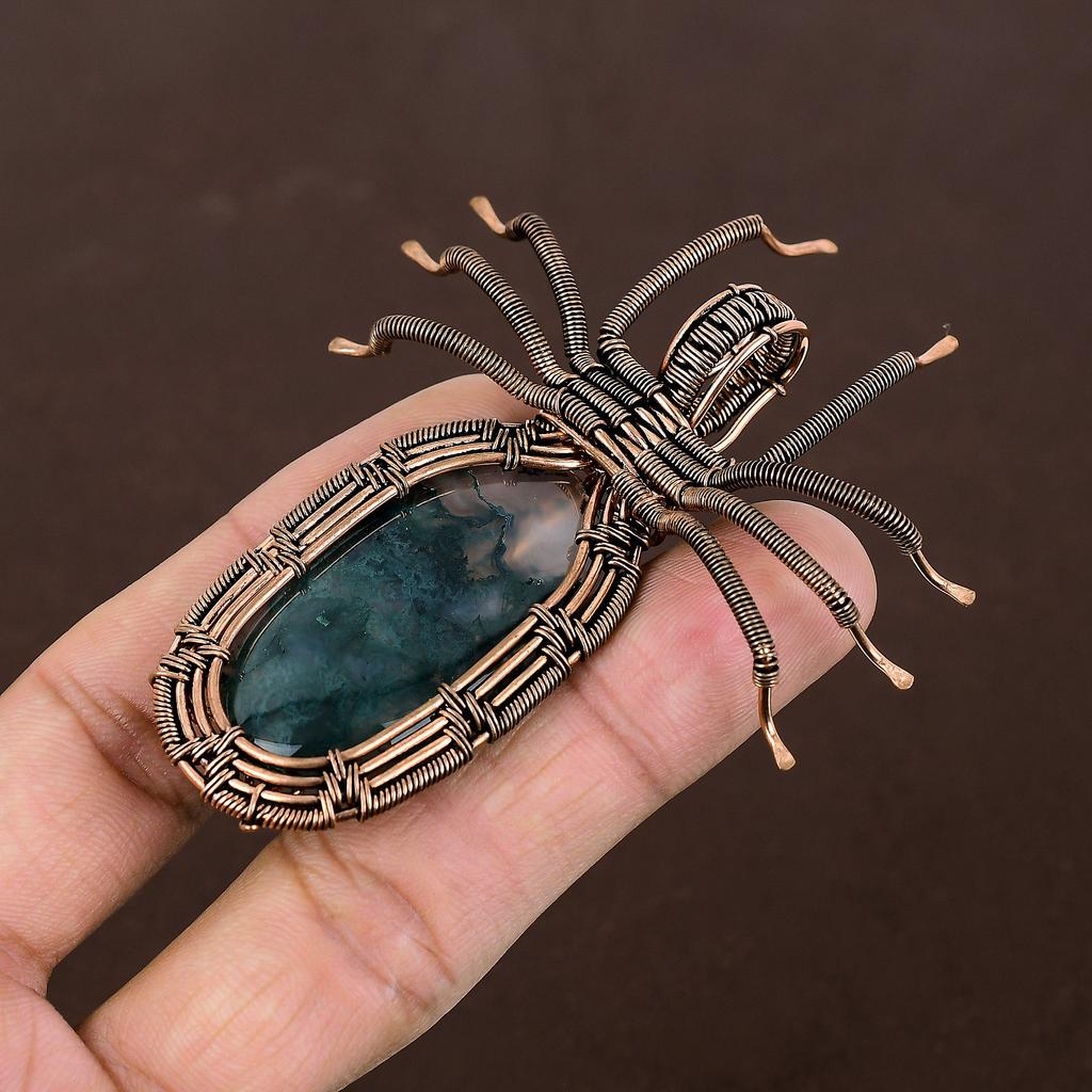 Natural Moss Agate Gemstone Handmade Copper Wire Wrap Spider Pendant 2.56" e4W33