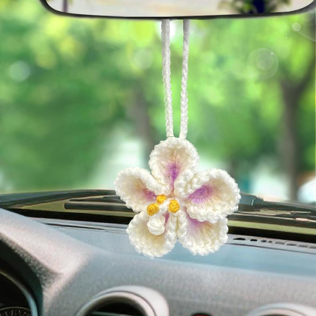 Crochet Hibiscus Flower Car Hanging Accessories for Women,Handmade Hawaiian Tropical Flower Ornament,Cute Crochet Plant for Car Rearview Mirror