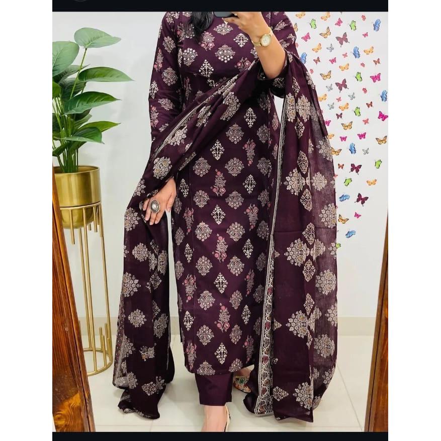 Women Designer Cotton Kurta Pant Dupatta Set Indian Party Wear Top Tunic Kurti VSO-1718 C