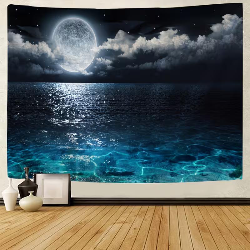 2D Night Sea Moonlight Backdrop Glowing Ocean Party Decoration Background