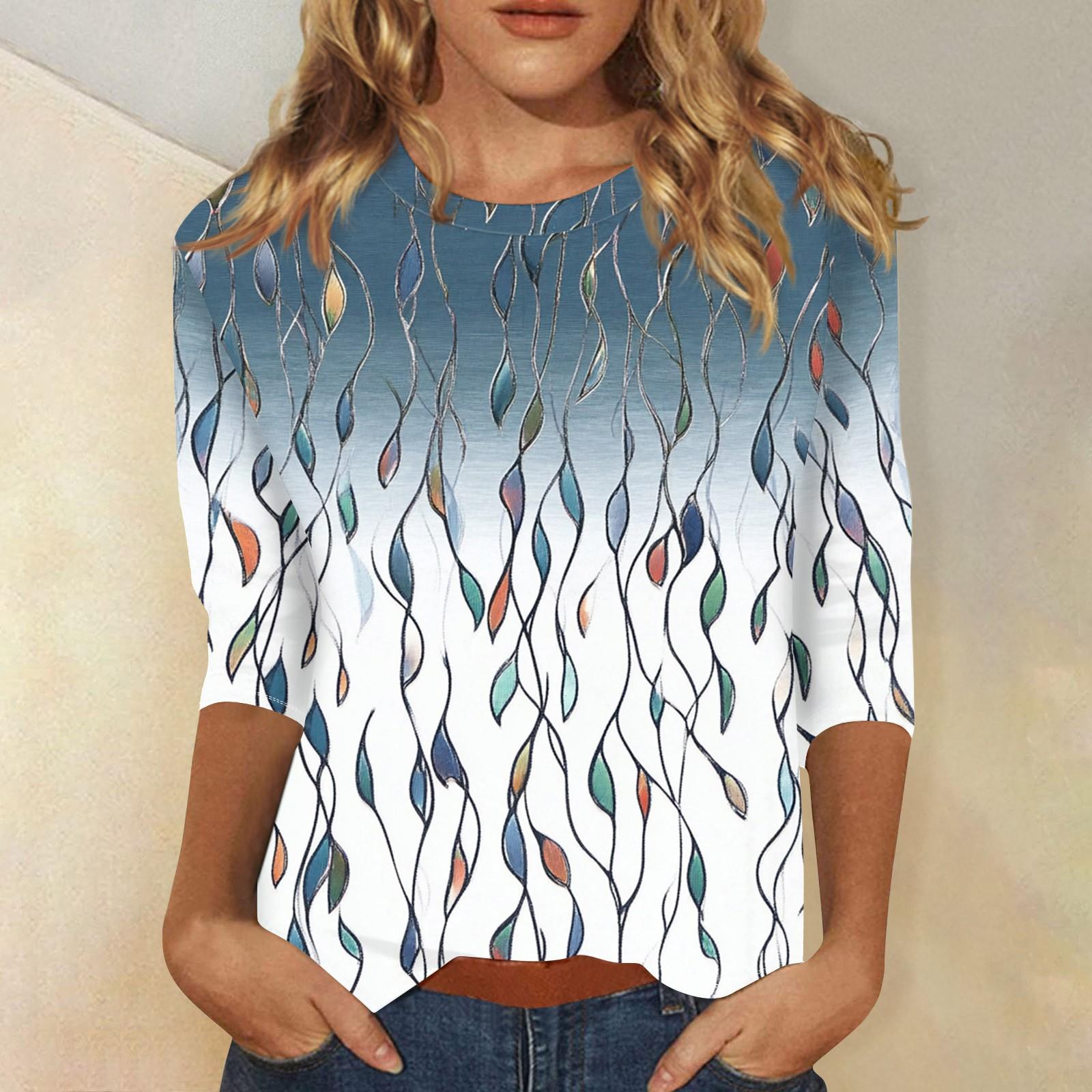 

Женская мода повседневная три четверти рукав винтажный цветочный принт круглый вырез топ S хаки