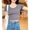 High-quality pure cotton shoulder short-sleeve short T-shirt, women's base shirt, tight minimalist versatile cropped T-shirt top