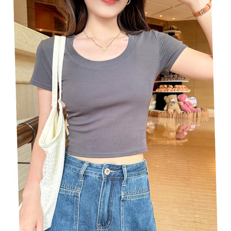 High-quality pure cotton shoulder short-sleeve short T-shirt, women's base shirt, tight minimalist versatile cropped T-shirt top