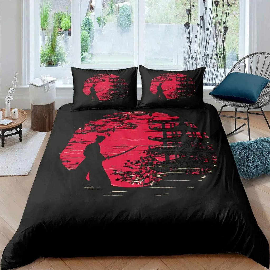 Japanese Samurai Bedding Set, Japan Sunset Landscape Building Silhouette Duvet Cover For Men Teens, Black Red