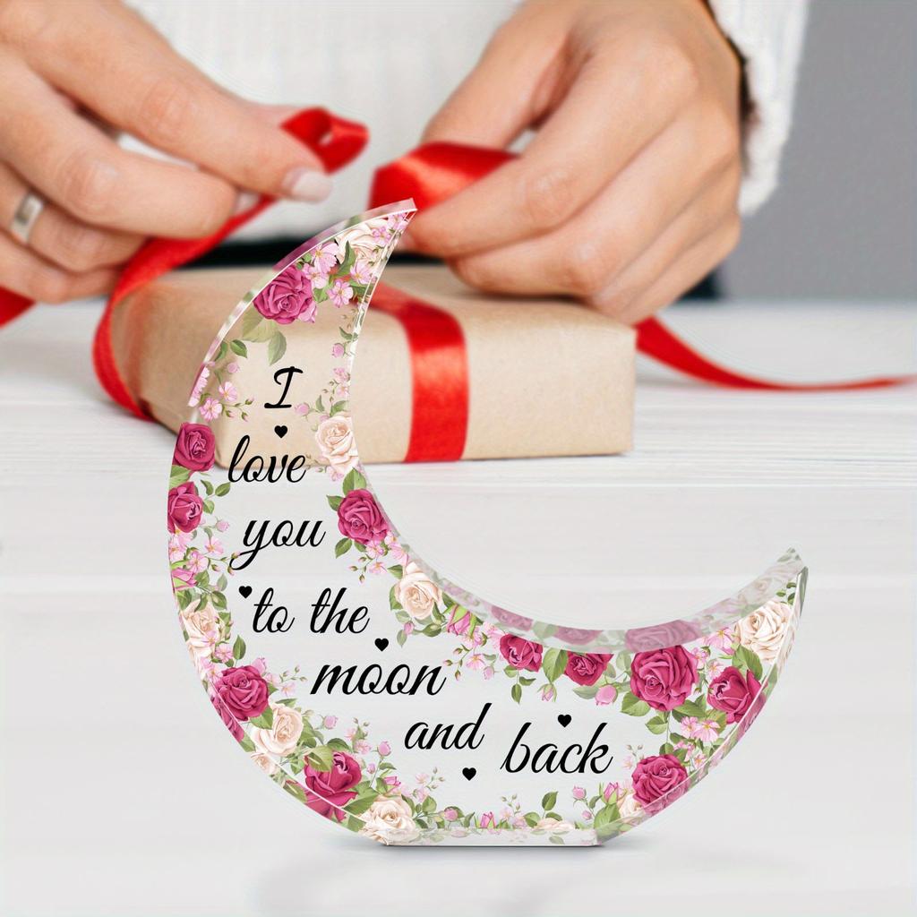 1pc Moon-Shaped Acrylic Decorative Desktop Ornament - 'I Love You To The Moon and Back' Engraving, Red and Pink Rose Pattern with Heart Accents 