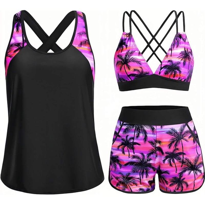 Costume da Bagno Intero a Tre Pezzi da Donna con Tasche Design Incrociato Bellissimo Dorso Bikini Boxer Costume da Bagno Sportivo