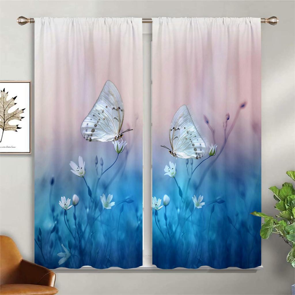 Floral Butterfly 3d Print Curtains, Rod Pocket Semi Blackout Curtains, Bedroom Living Room Office Decorative Curtains, Kids Gift