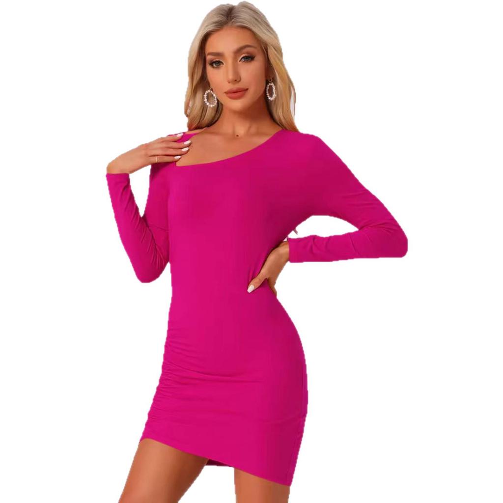 European & American Women's One-Shoulder Wrap Dress: Solid Color, Slim Fit with Elegant Pleated Design