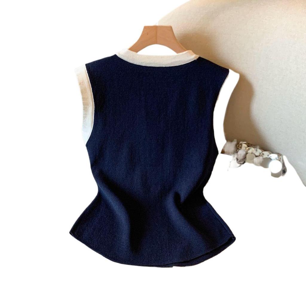 Hong Kong Style Color Block Sleeveless Camisole - Sweet, Slimming, Button-Up Top