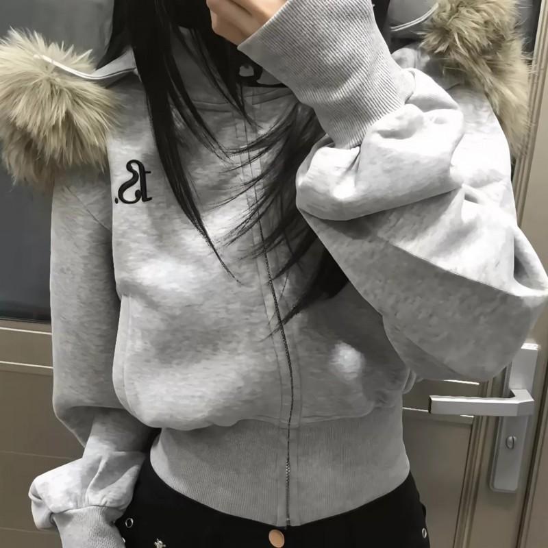 Womens Hooded Short Waisted Sweatshirt Jacket Detachable Fur Trim Streetwear