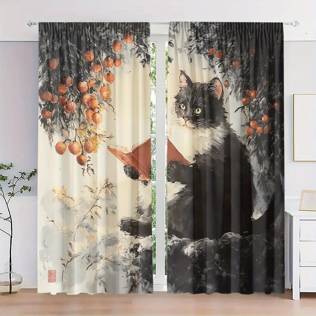 2Pcs Artistic Cat Reading Print Blackout Curtains, Polyester Rod Pocket Drapes For Bedroom, Living Room, Office - Fade-Resistant