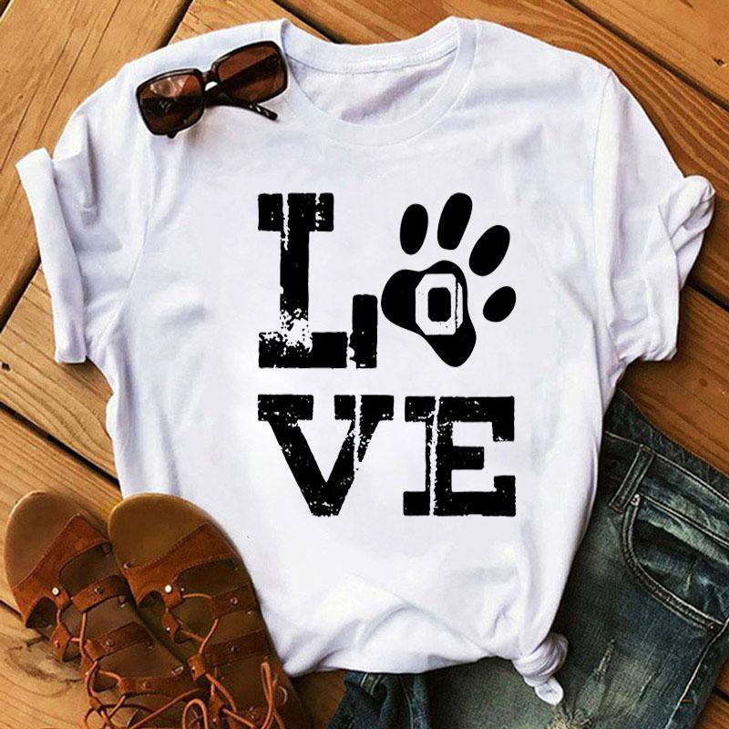 Fashion Women T-Shirt Cartoon Tee Shirts Watercolor Heart Dog Paw T Shirt Harajuku Tops Tee Short Sleeve Cute Female Tshirts Tee