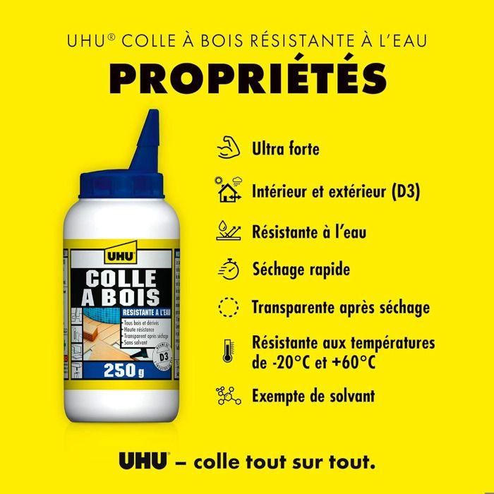 Colle à bois - UHU - Résiste à l'eau - 250 g - Haute résistance - Transparent