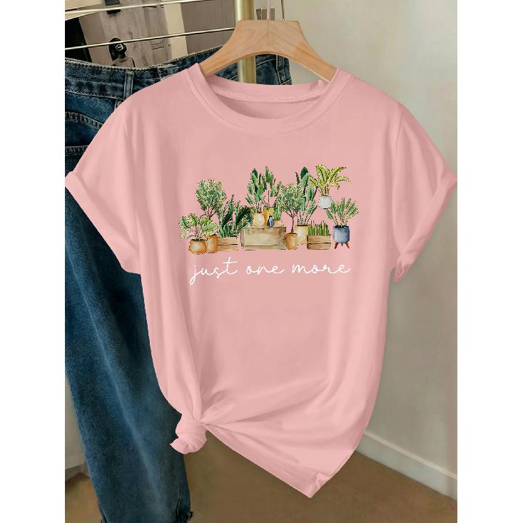 Elegant Women's Clothing with Green Plant and Potted Plant Prints, a High-value Gift, Round Neck, Short-sleeved for Spring, Summer, and Autumn T