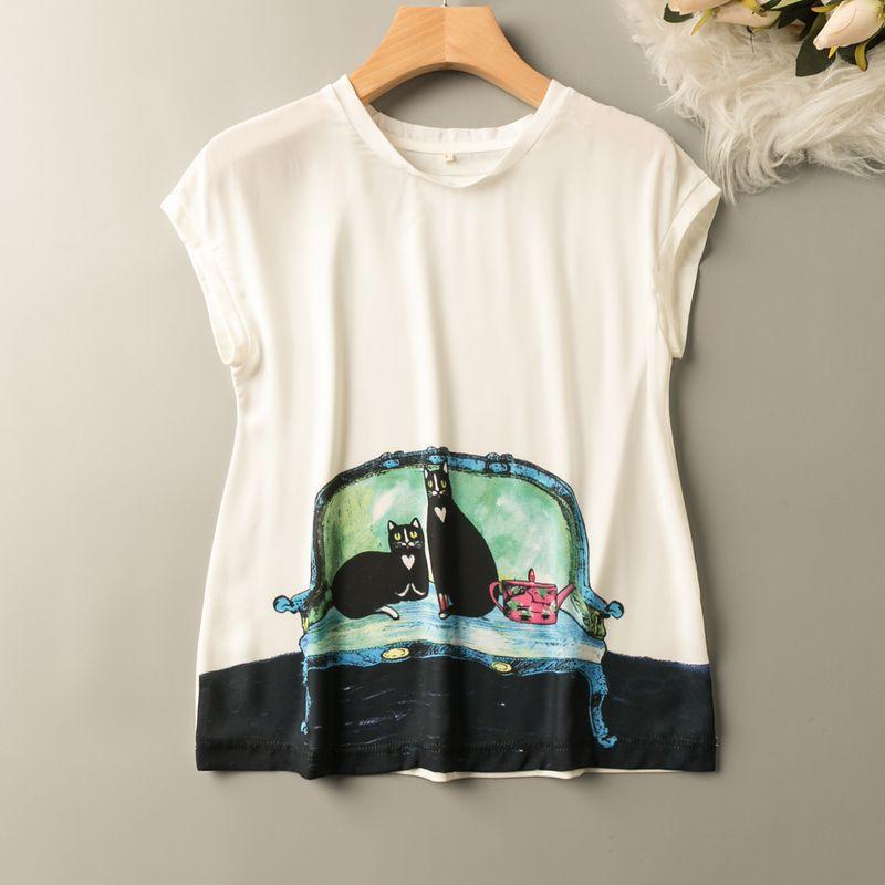 

Summer Export K-style New Arrival Print Cute Anti-Aging Youth Lively round Neck Sleeveless Pullover T-shirt White S