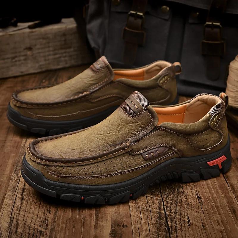 Men's Cowhide Plus Size Loafers Men's Casual Leather Shoes Outdoor Hiking Shoes