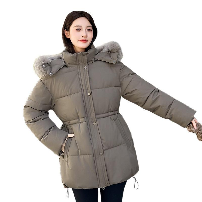 Atmosphere women's cotton-padded clothes, large twill fur collar, hooded medium and long drawstring, waist, daily travel looks good