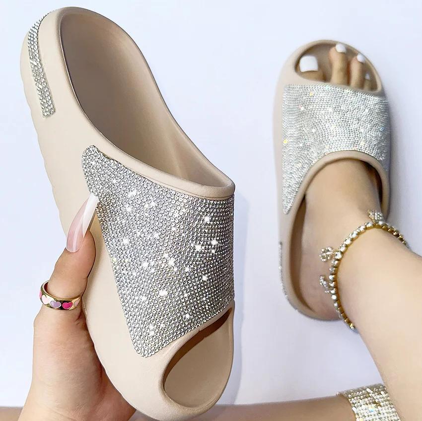 Fashion Women's Luxury Slippers with Diamond Face 2024 New Fashion Thick Bottom Slides Sandals Outdoor Non-slip Beach Slippers Sandalias