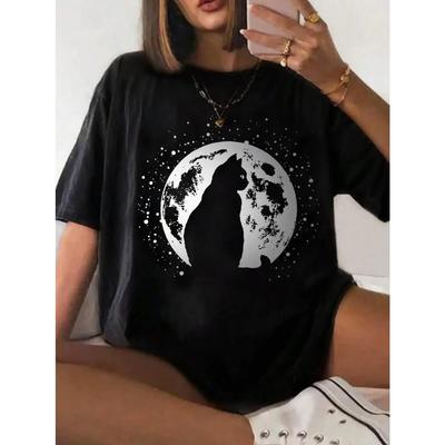 Damen T-Shirt Mond und Katze Silhouette Aufdruck T-Shirt Sommer Bequem Locker Oberteil Street Fashion Damenbekleidung
