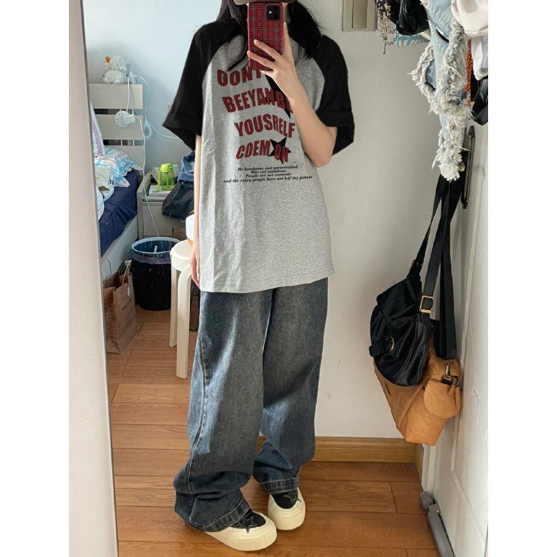 American Retro Spliced Raglan Sleeve Short-Sleeved T-shirt For Women In Summer Oversize Lazy Style Niche Design Tops