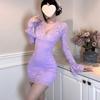 Jin Xiao Sexy French Lace Bell Sleeve Purple Dress with Slimming Waist and Hip-Hugging Design.