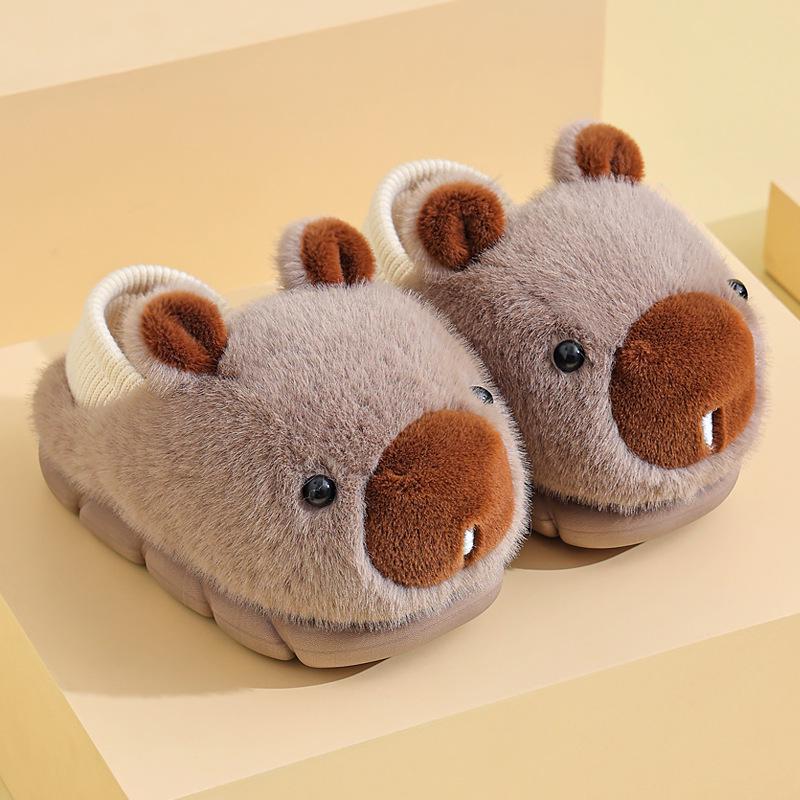 Capybara Winter Cotton Slippers: Cute Non-Slip Indoor Fur Shoes with Package Heel for Couples.