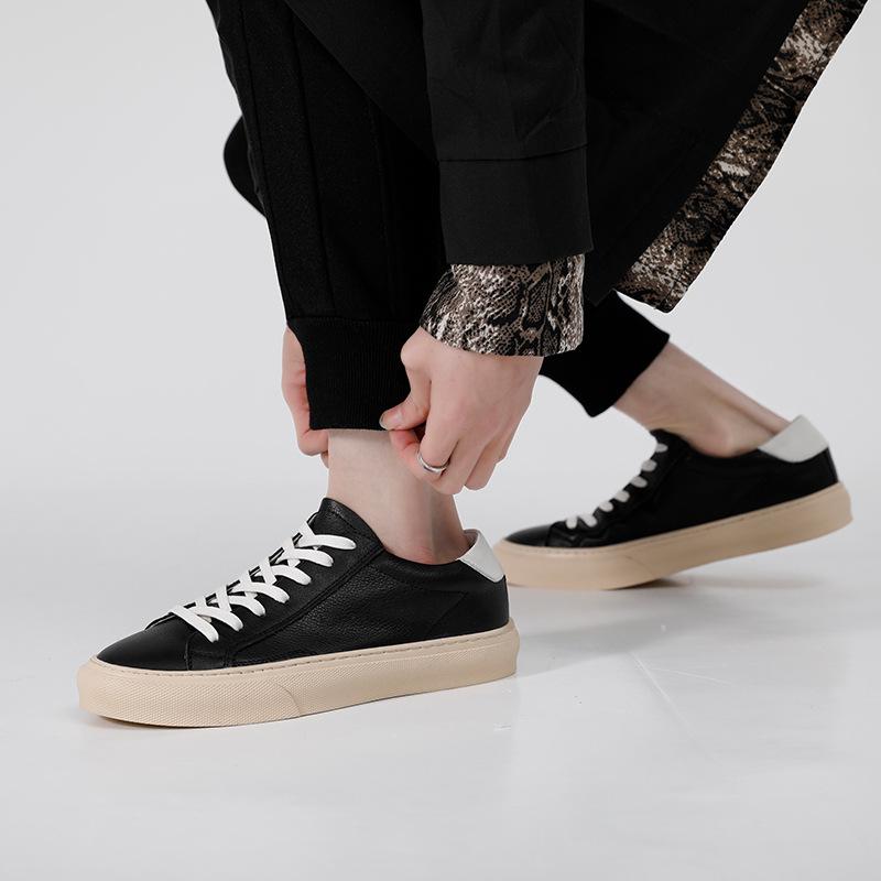 2023 Men's Trendy Low-Top Genuine Leather Sneakers, Korean Style, Breathable White Casual Shoes