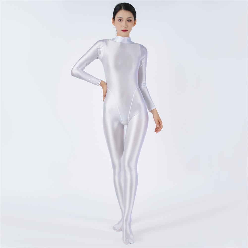 Sexy Women Stain Oil Shiny Elastic Bodysuit Shapping Romper One-Piece Thong Silky Tight Satin Jumpsuits Candy Color Maid Leotard