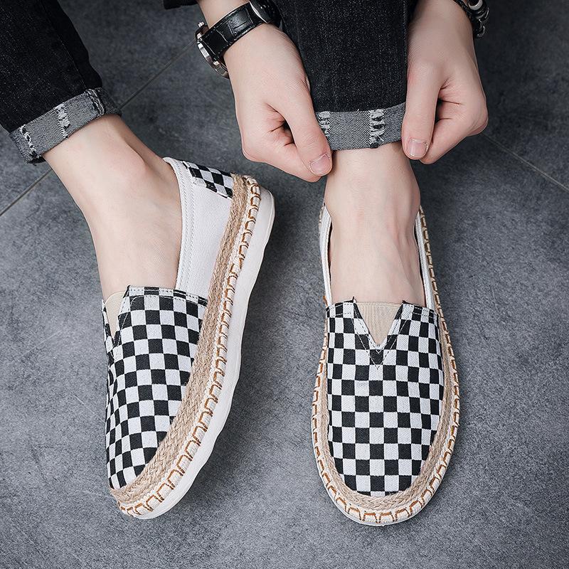Men Canvas Casual Shoes for Man Spring Summer Fashion Checkered Flat Fisherman Shoes New Design Slip-on Loafers