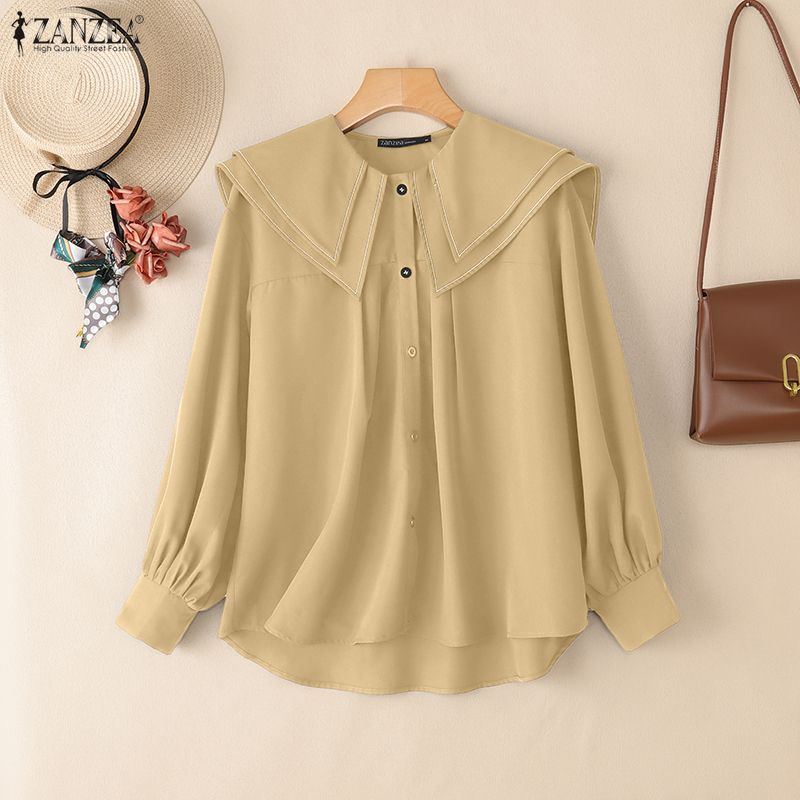 ZANZEA Women Casual Doll Collar Loose Long Sleeve Blouse