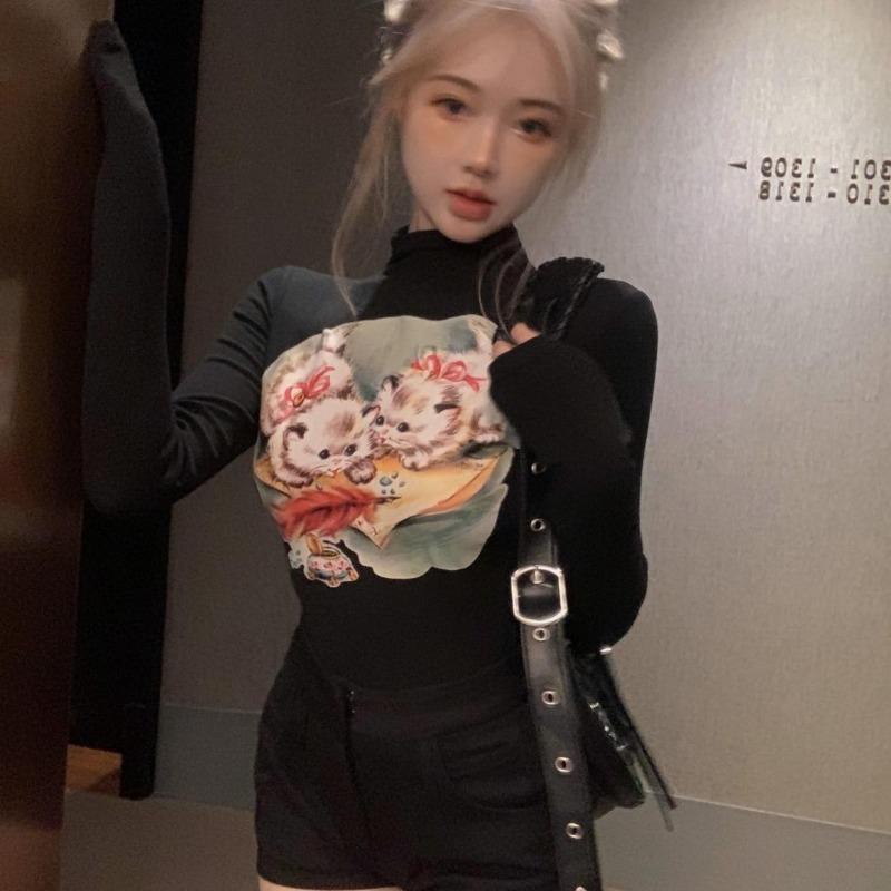 2KWEIRD Sweet Sexy Kawaii Cat Print Camisetas Half High Collar Women Vintage Short Tshirts Y2k Slim Waist Crop Tops Skinny Yellow Tees