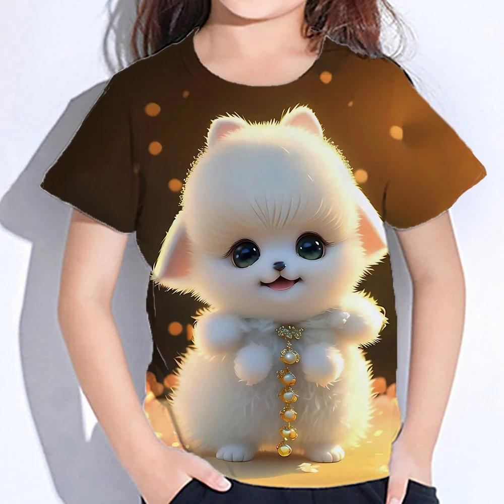 Summer Round Neck 3D Cute Cat Printed Top Fashionable Casual Short Sleeved Children's Girl T-shirts