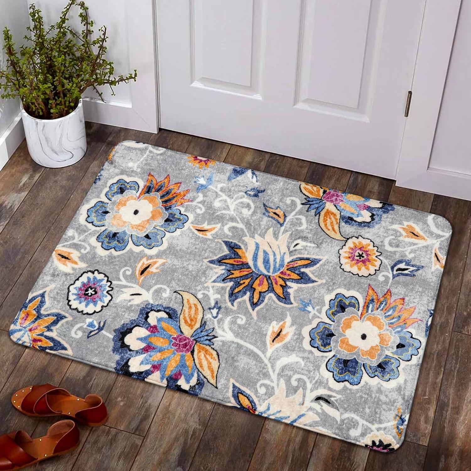 

Door Mat Brown Background Vintage Warm Floral Pattern Non Slip Print Entryway Rug for Rustic Home Decoration 40cm x 60cm
