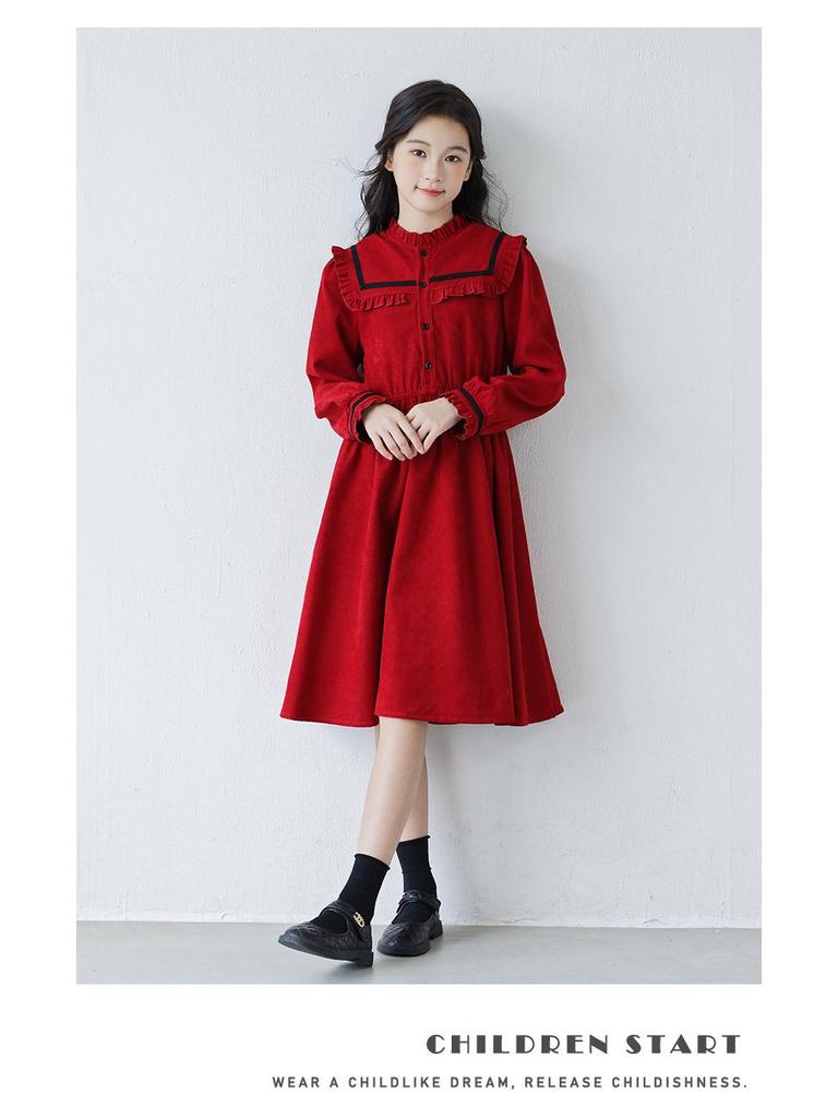 Girls' Red Ruffle Stand Collar Long Sleeve Waist-Hugging Dress for Autumn