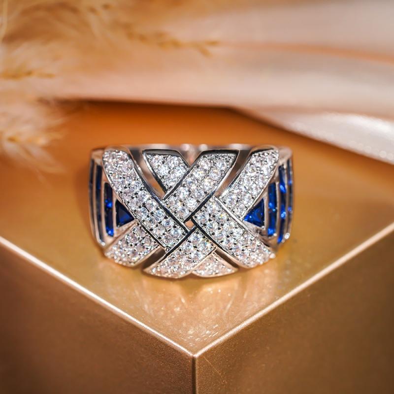 Huitan Novel Wide Cross Design Rings with White/Blue Cubic Zirconia Trendy Luxury Wedding Band  Women Charms Accessories