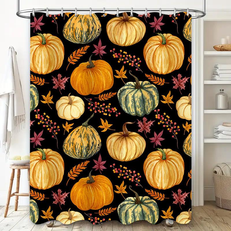 Fall Floral Printed Shower Curtain Set Autumn Pumpkin Decor for Bathroom Black, Yellow, Green Color Combination