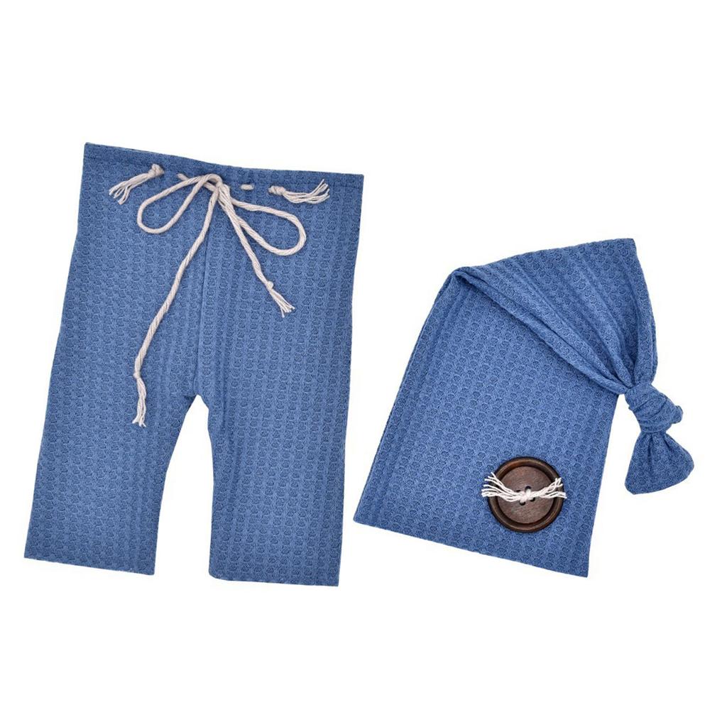 NewBorn Photo Outfit Blue Clothes Pants Tailed Hat Crochet Soft Breathable Wood Button Photo Props for Infant Toddlers