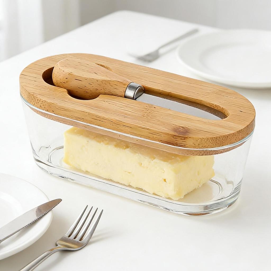 Butter Storage Box with Knife Bamboo Wood Lid 300ml Butter Cheese Container Box Household Kitchen Restaurant Butter Storage Box