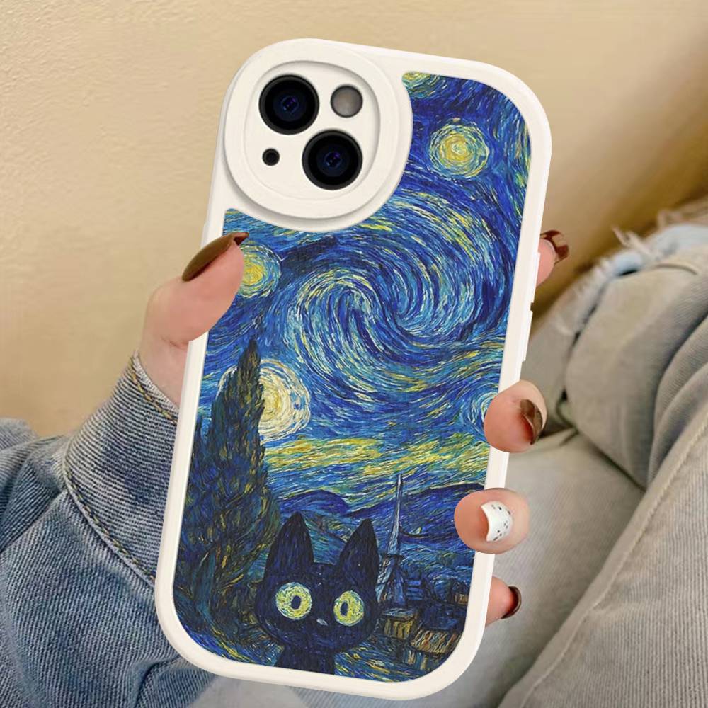 Black Cat Van Gogh Phone Case For IPhone 16 15 14 11 12 13 Pro Max Plus Back Leather Shell