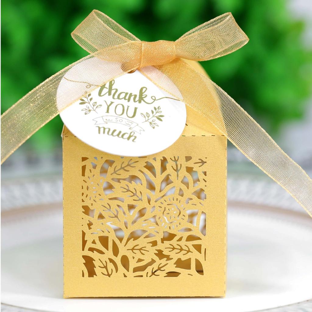 50pcs Valentines Day Packaging Candies Box Decoration Rose Flower Candy Boxes for Sweets Wedding Baptism Thank You Tags