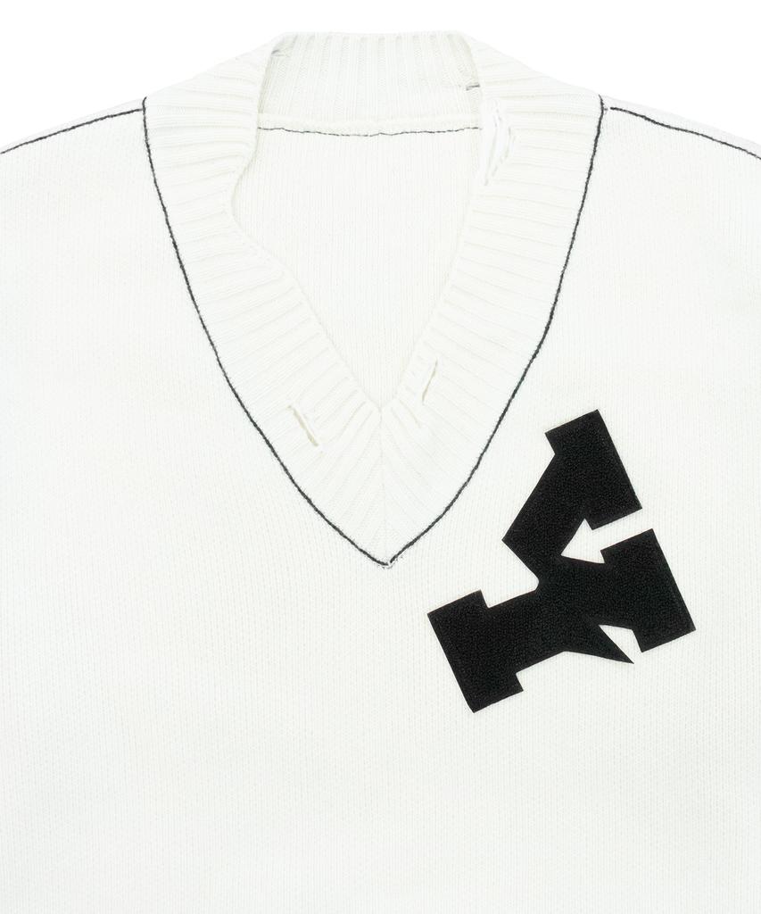 Opeunyadeu(Owai) Oversized Distressed Logo V-Neck Knit - Ivory