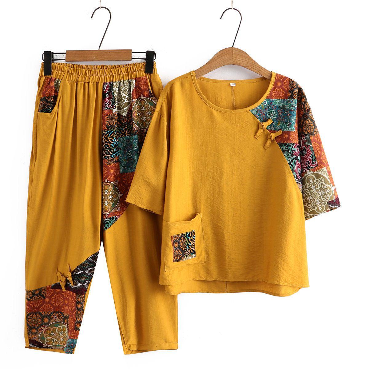 

Женский повседневный костюм, летняя мода, одежда больших размеров, свободный хлопковый лен, топы с короткими рукавами, укороченные брюки, комплект из двух предметов XXXL жёлтый