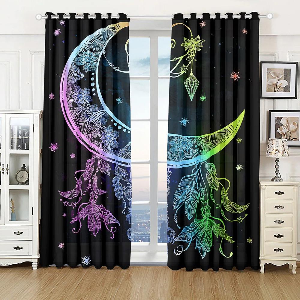 2pcs Window Curtain Boho Dream Catcher Curtains Bohemian Blackout Window Curtain for Girls Children Women Bedroom Feather
