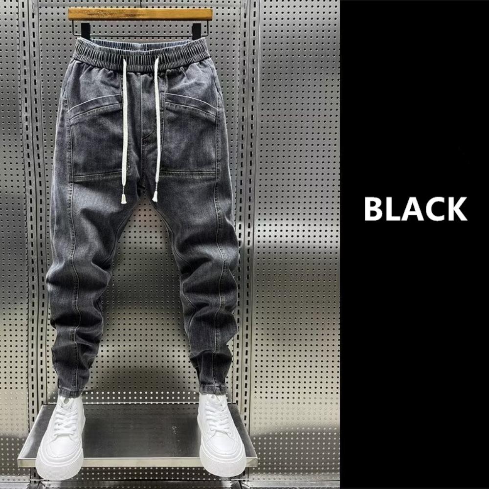

Fashion 2026 New Spring Autumn Loose Men s Drawstring Big Boy Jeans Denim Jeans Casual Elastic Waist Yk2 Streetwear Pants 3XL чорний