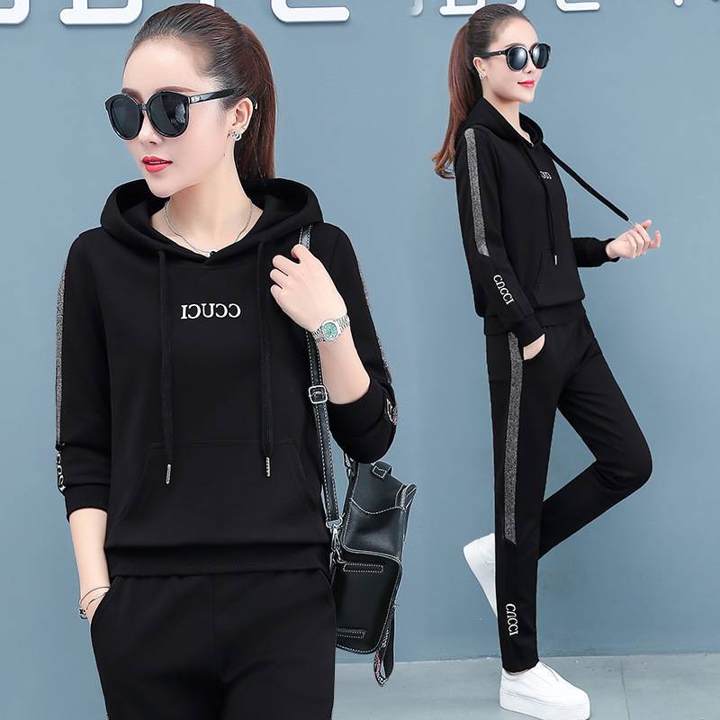 Traje deportivo para mujer, moda de primavera, talla grande, letras holgadas, con capucha, conjunto informal para correr, conjunto de dos piezas