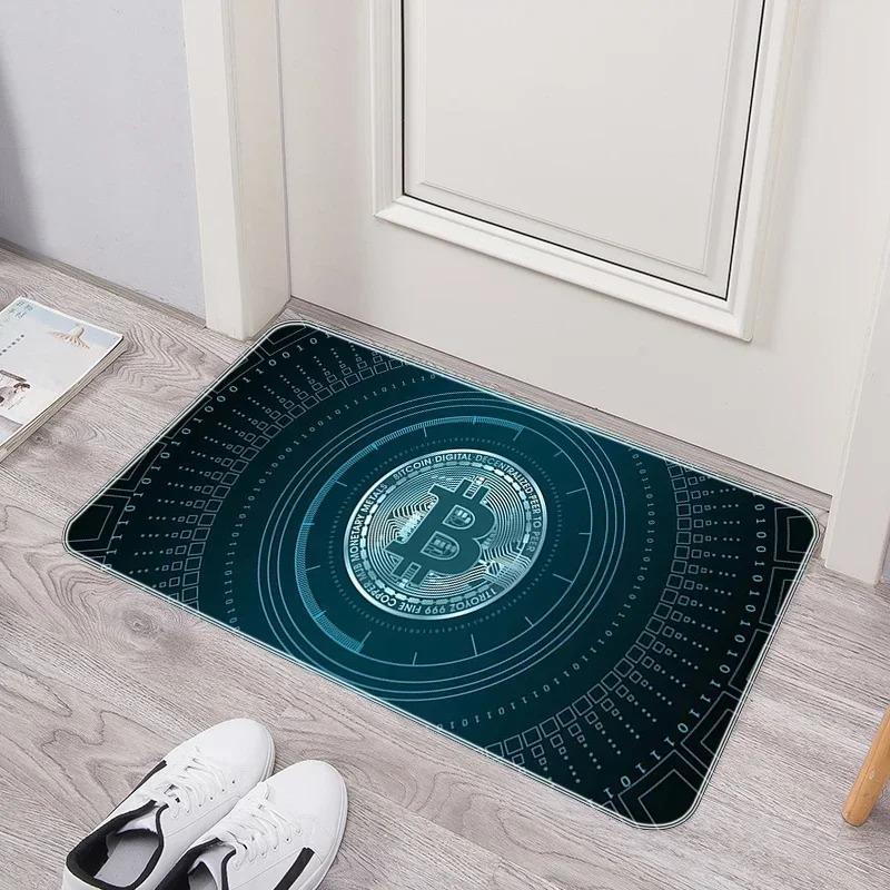 Crypto Currency Door Mat Bitcoin Pattern Tech Inspired Rug, Waterproof Non Slip Floor Protector for Home Entryway and Office