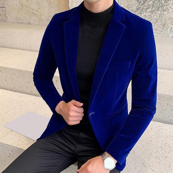 Spring Men Blazer Solid Color Turndown Collar Long Sleeve Slim Fit Single Button Velvet Suit Coat Streetwear
